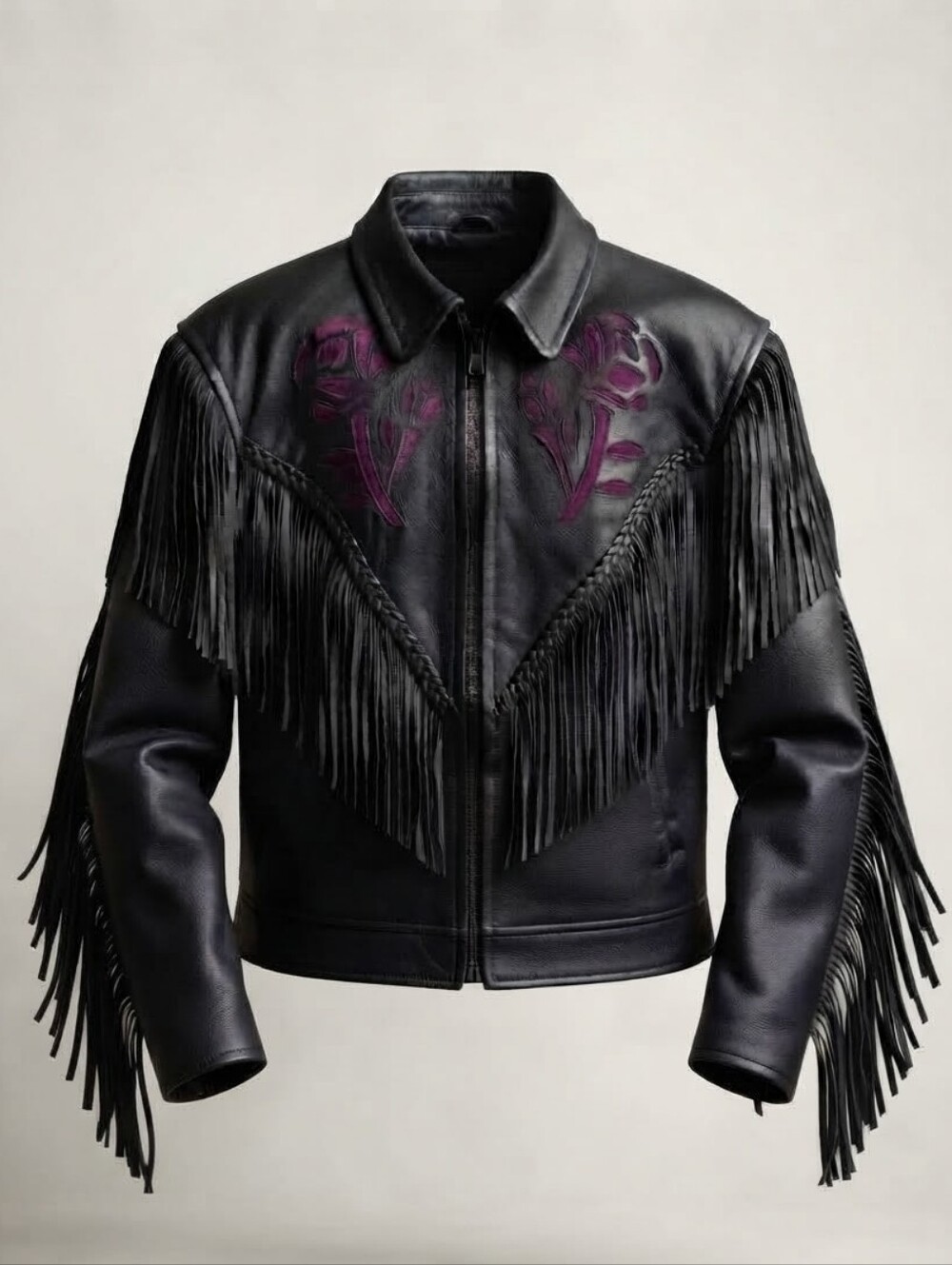 Vintage 80s Black Leather Fringe Jacket XL Purple Suede Rose Western Biker Moto